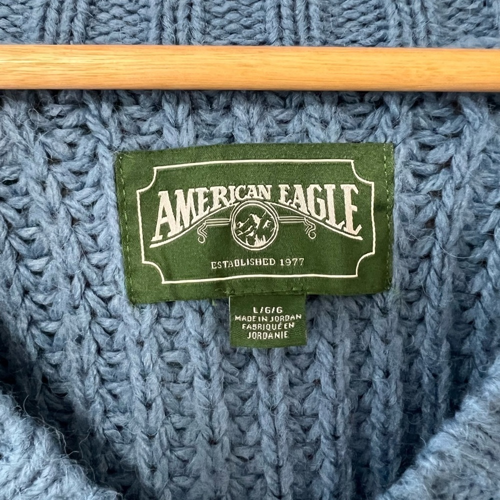American Eagle Chunky Knit Sweater Blue Oversized V-Neck Size L Cozy - Picture 4 of 11